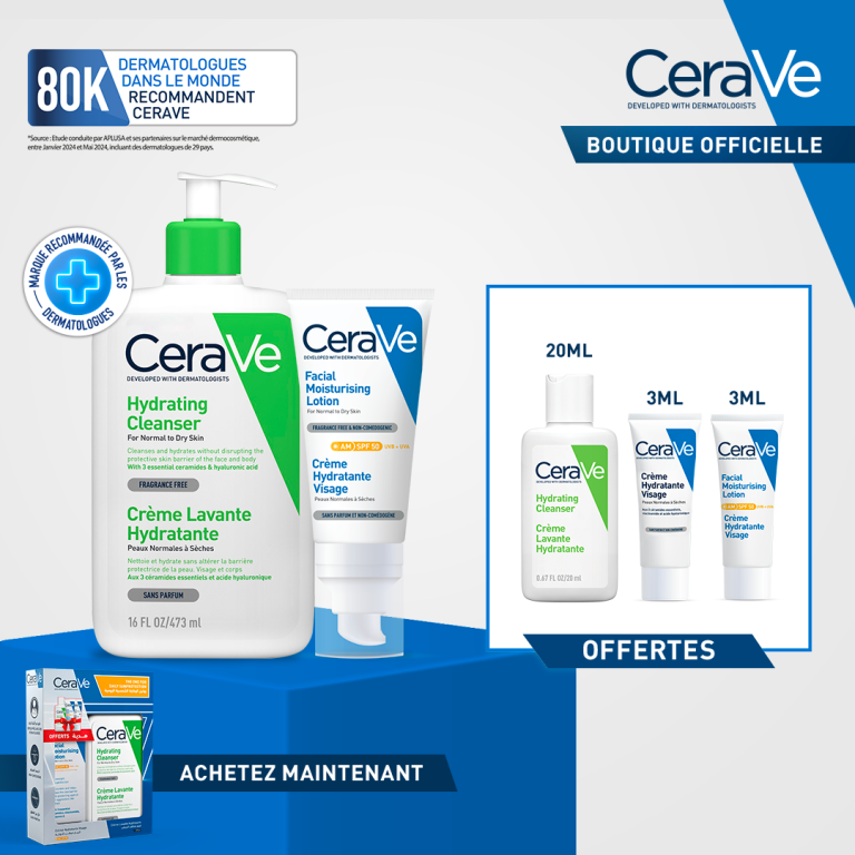 Cerave crème lavante hydratante 473 ml + crème hydratante visage spf 50 52 ml + Cadeaux offerts! | LABELPARA.MA