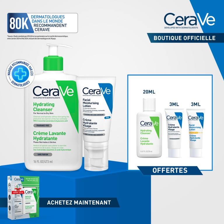 Cerave crème lavante hydratante 473 ml + crème hydratante visage spf 50 52 ml + Cadeaux offerts! | LABELPARA.MA